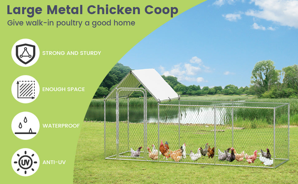 Flat Style Poultry Cage, Poultry Cage with Waterproof Cover, Walk-in Metal Poultry Cage for Outdoor Backyard Farm, Chicken Coop
