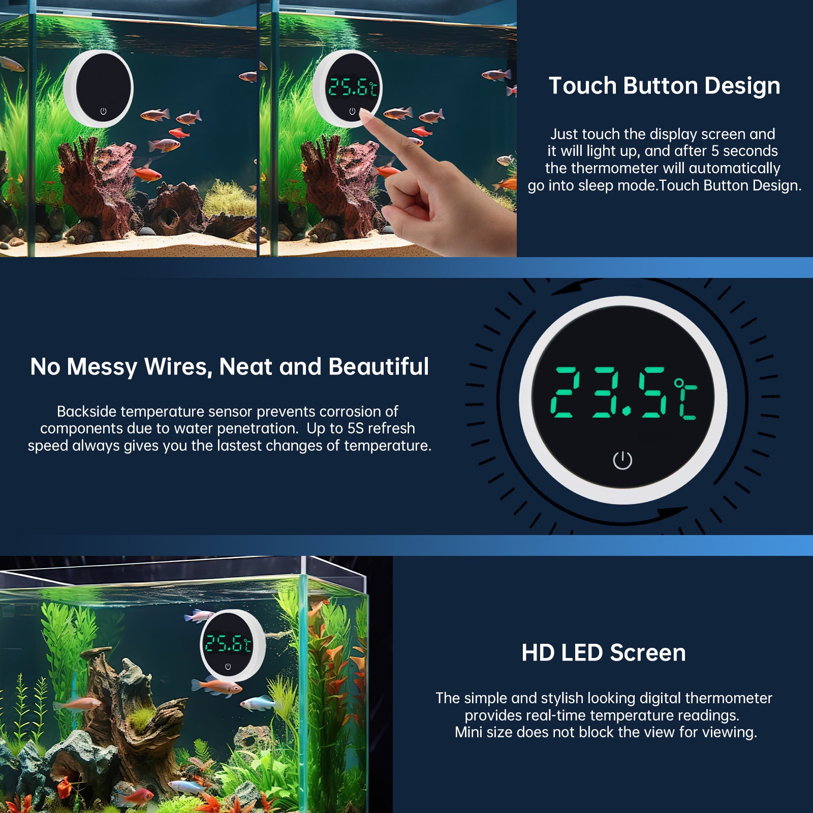 Cordless Digital Aquarium Thermometer LED Display Electronic Fish Tank Water Temperature Measurement Control Temp Meter Gauge