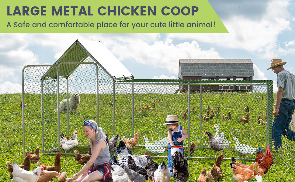 Flat Style Poultry Cage, Poultry Cage with Waterproof Cover, Walk-in Metal Poultry Cage for Outdoor Backyard Farm, Chicken Coop