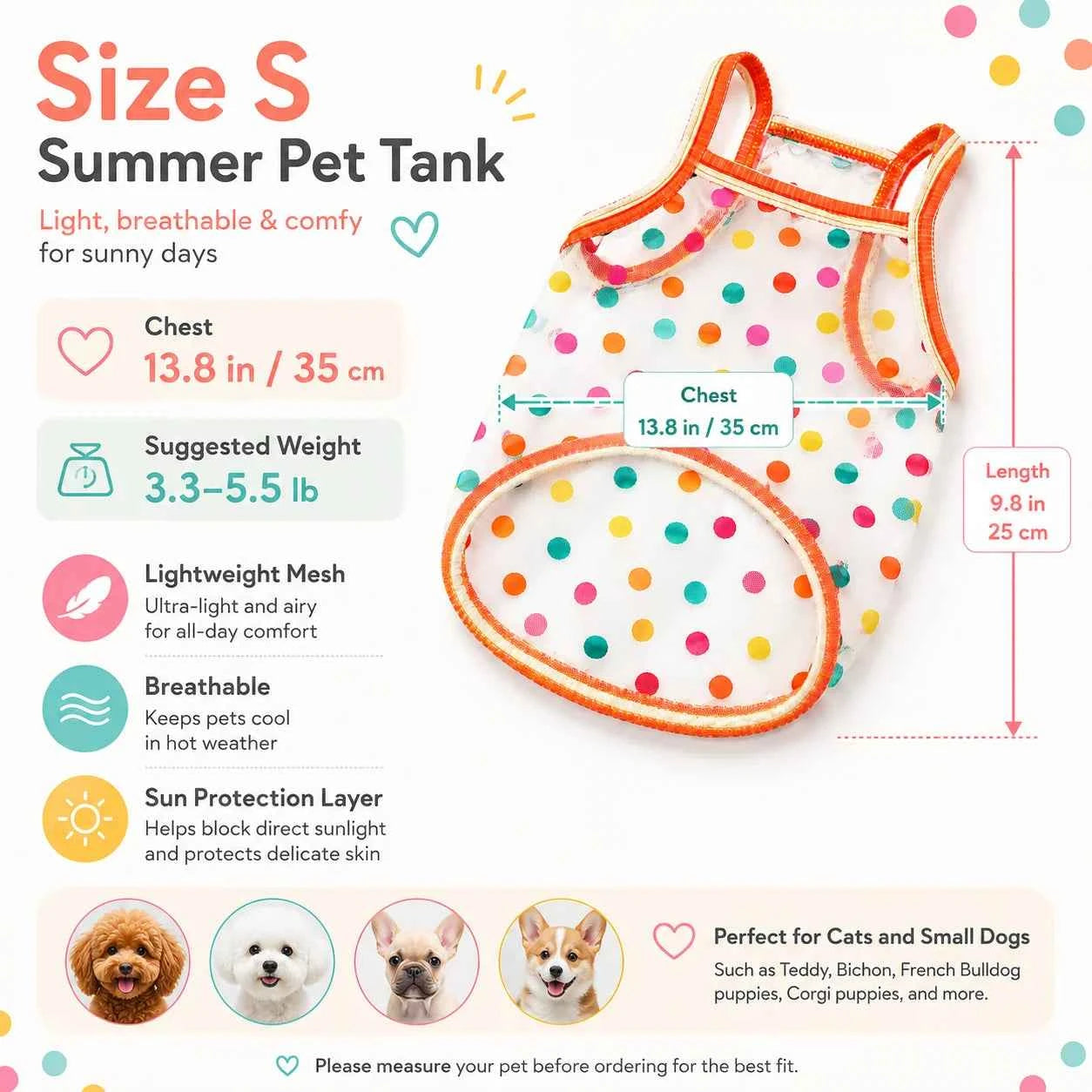 Size S Summer Pet Mesh Tank Top Colorful Polka Dot Lightweight Breathable Sun Protection Puppy Kitten Sleeveless Vest For Small Dogs Cats 3.3-5.5lb Teddy Bichon French Bulldog Corgi