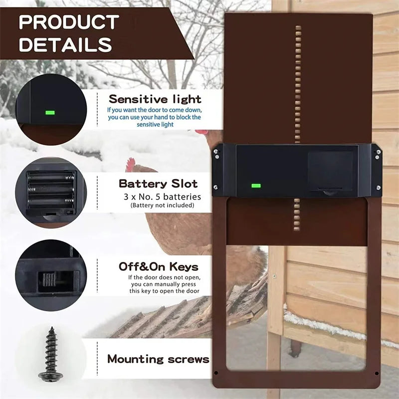 Automatic Chicken Coop Door Chicken House Door Light Sensor Farm Chicken Opener Pets Duck Cage Door Supplies Battery Powered