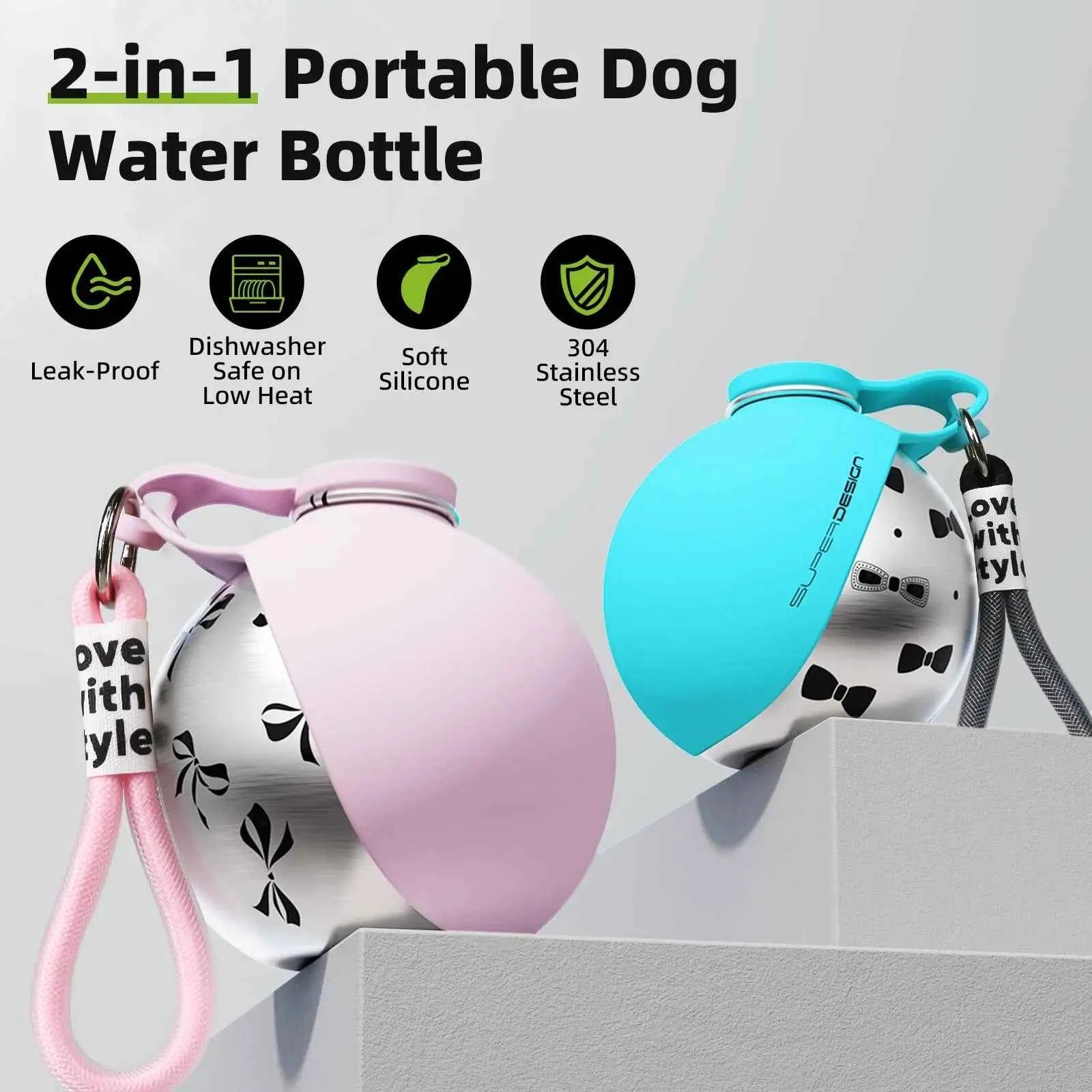 2-in-1 Portable Dog Water Bottle for Small Dogs - Leak-Proof & Compact Dog Travel Water Bottle -Stainless Steel Bottle & Silicon