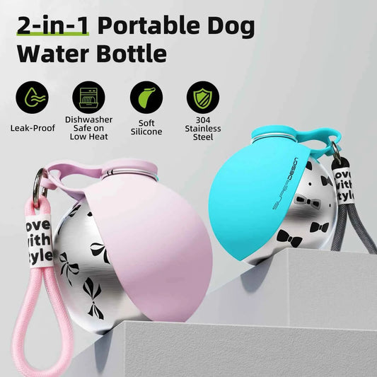 2-in-1 Portable Dog Water Bottle for Small Dogs - Leak-Proof & Compact Dog Travel Water Bottle -Stainless Steel Bottle & Silicon