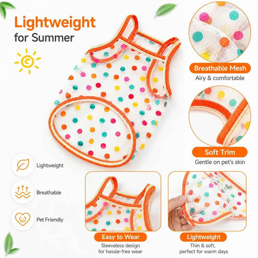 Size S Summer Pet Mesh Tank Top Colorful Polka Dot Lightweight Breathable Sun Protection Puppy Kitten Sleeveless Vest For Small Dogs Cats 3.3-5.5lb Teddy Bichon French Bulldog Corgi