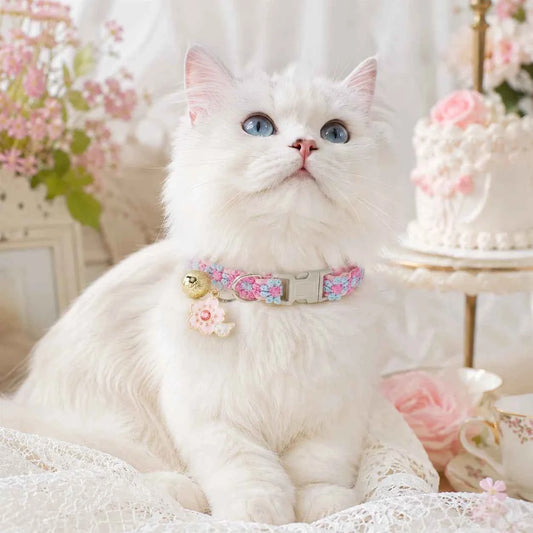 Spring Summer Soft Lace Flower Pet Collar Adjustable Breakaway Buckle Pet Neck Collar With Bell Floral Pendant For Cats Small Dogs 3 Colors Pink White Purple Optional