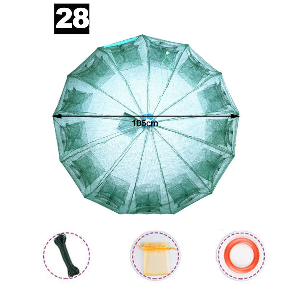 High Strength 4-28 Holes Automatic Hand Fishing Net Shrimp Cage Fish Trap Cast Nets Cast Fold Crab Fishing Network Outdoor Net