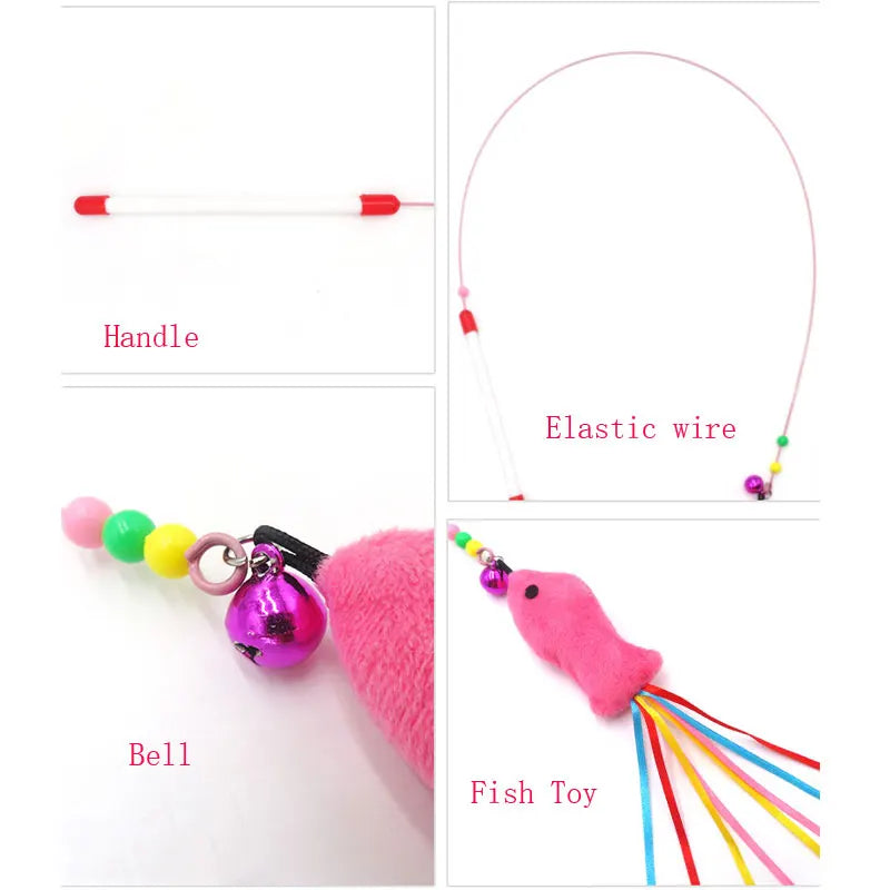 Elastic Metal Boom Tease Cat Stick Funny Wand Toy + 3 Pcs Replaceable Plush Fake Fishes Interactive With Kitten Pets Make Fun