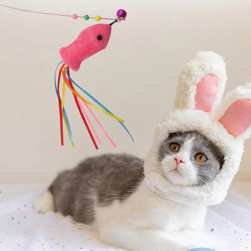 Elastic Metal Boom Tease Cat Stick Funny Wand Toy + 3 Pcs Replaceable Plush Fake Fishes Interactive With Kitten Pets Make Fun