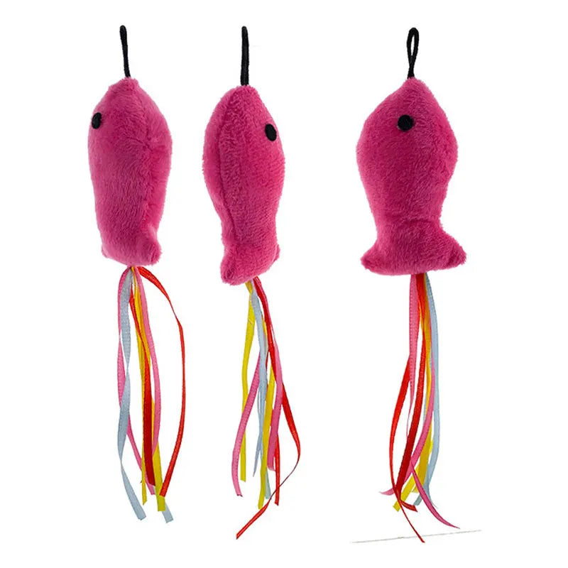 Elastic Metal Boom Tease Cat Stick Funny Wand Toy + 3 Pcs Replaceable Plush Fake Fishes Interactive With Kitten Pets Make Fun