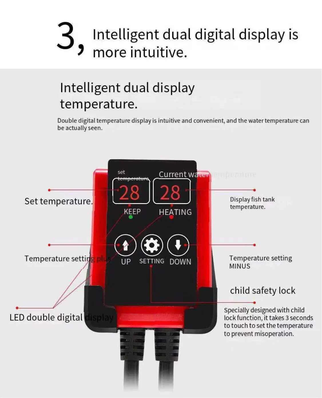 50-1200W New Aquarium Submersible Heater Fish Tank LCD Display Adjustable Water Heating Rod Constant Auto Temperature 220-240V
