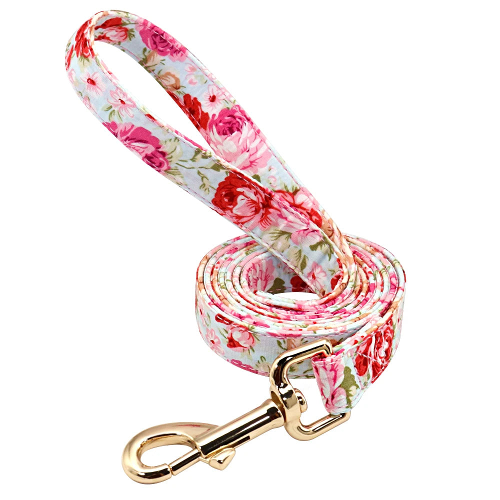 Personalized Dog Collar And Leash Set Nylon Dog Collars Floral Printed Pet Walking Leash Customized ID Tag For Medium Large Dogs