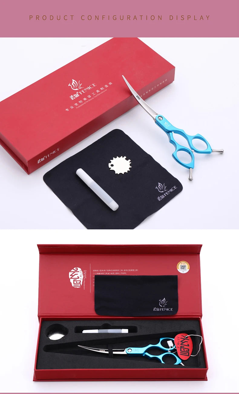 Fenice Professional JP440C&VG10 Colorful 6.0 6.5 Inch Curved Grooming Scissors Pet Scissor for Dogs Cats