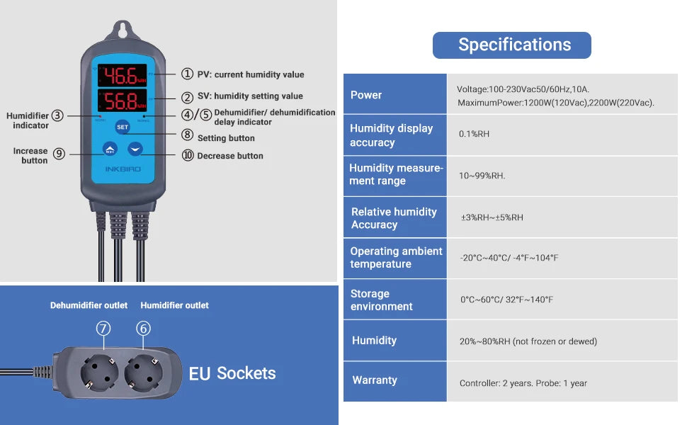 INKBIRD IHC-200 & 200 WiFi EU Socket&Plug Digital Humidity Controller for Household Humidifying and Dehumidifying for Free APP