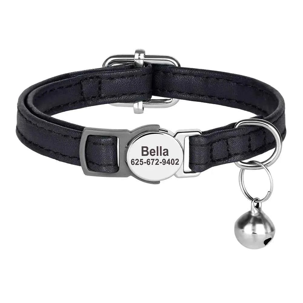 Custom Cat Collar Personalized PU Leather Kitten Puppy Collars Free Engraved ID Nameplate Necklace With Bell for cat Anti-lost