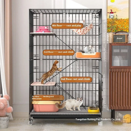 Indoor Cat Villa Cage with Foldable Design Large Multi-Story Cat House Encrypted Pet Cage Furniture for Home - Play Paws Toys