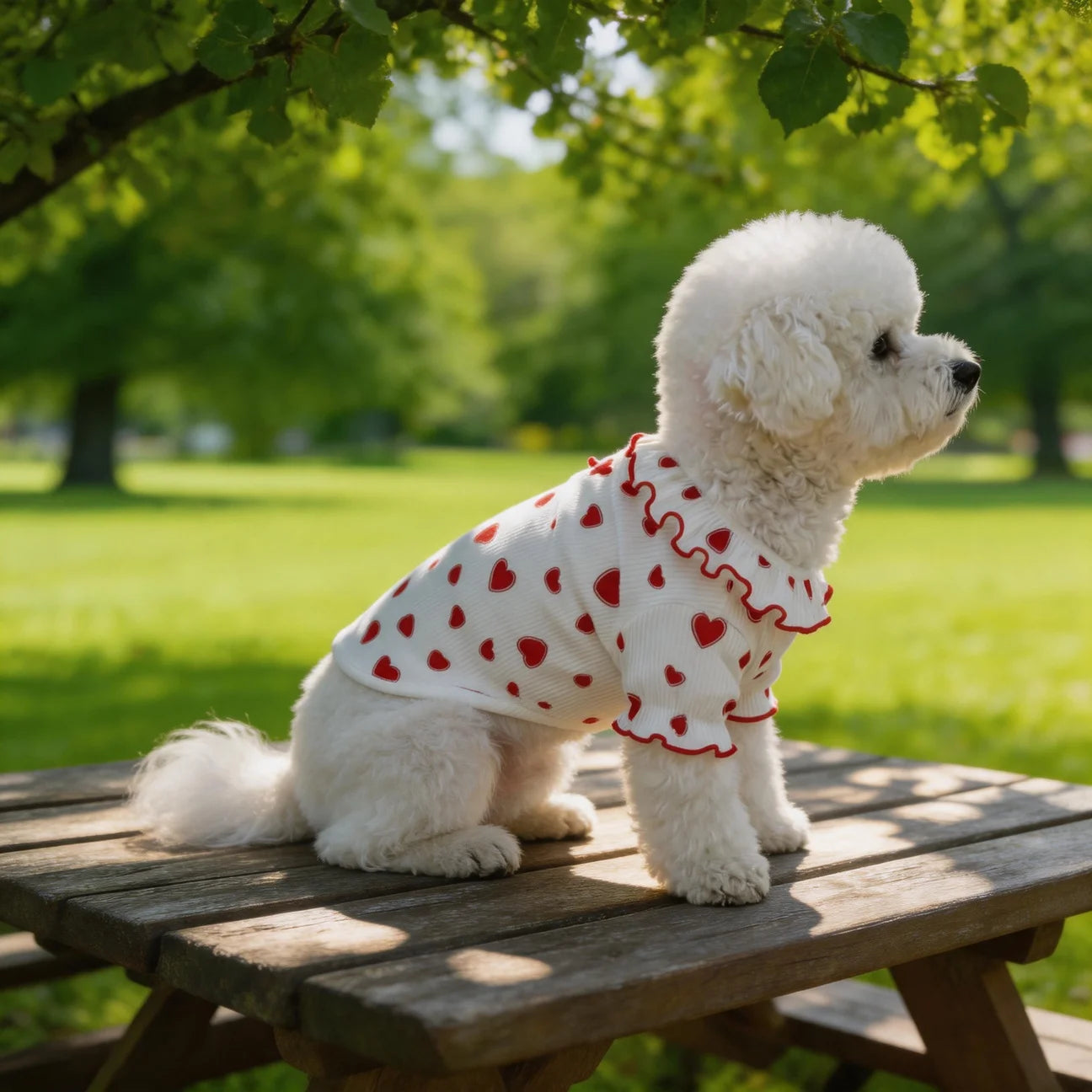 Ruffle Trim Heart Print Dog Clothes for Small Dogs, Soft Summer Puppy Shirt for Teddy Bichon, Cute Pet for Daily Walking Party