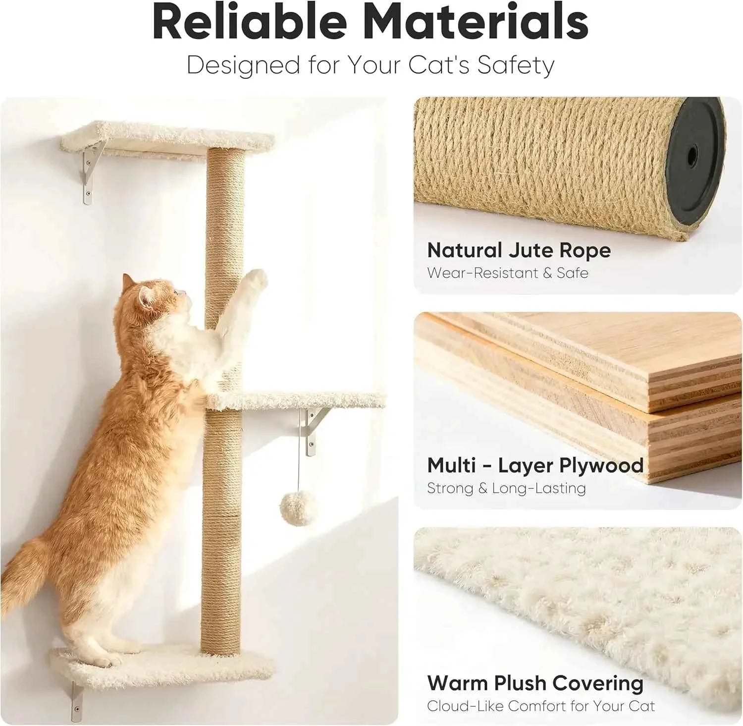 Cat Wall Shelves 5-in-1 Set, Stable & Safe Wooden Climbing Wall with Scratching Post for 16" Drywall - Beige