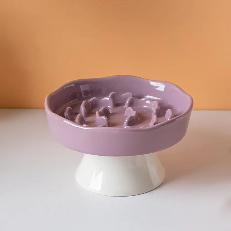 Ceramic slow-feeding bowl high-leg cat bowl with neck protection not easy to overturn, dog choke-proof bowl slow cat accessories