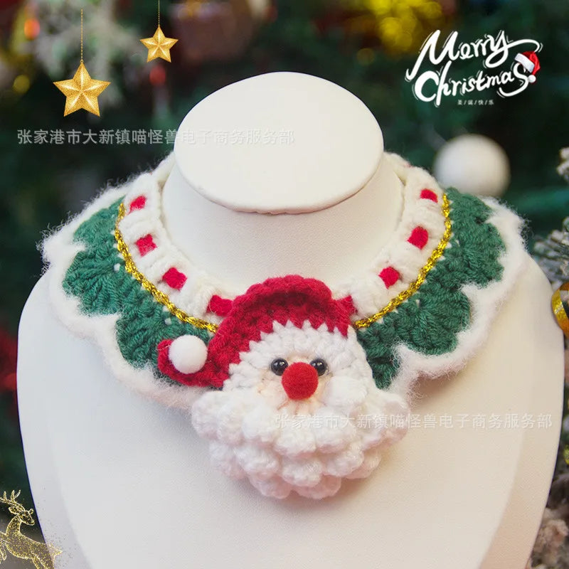 Christmas Cat Scarf Hand-knitted Cartoon Cat Necklace Adjustable Santa Claus Reindeer Puppy Collar Delicate Pet Accessories