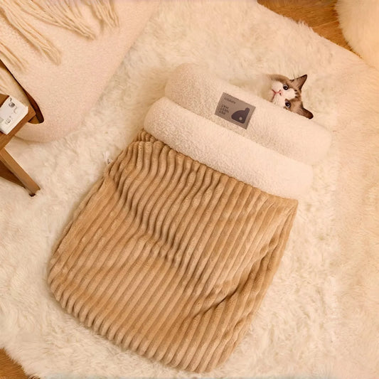 Warming Plush Cat Sleeping Bag: Enclosed Snuggle Sack with Burrow Entry for Winter - Cozy Fuzz Sleeping Bag for Anxious Cats - Play Paws Toys