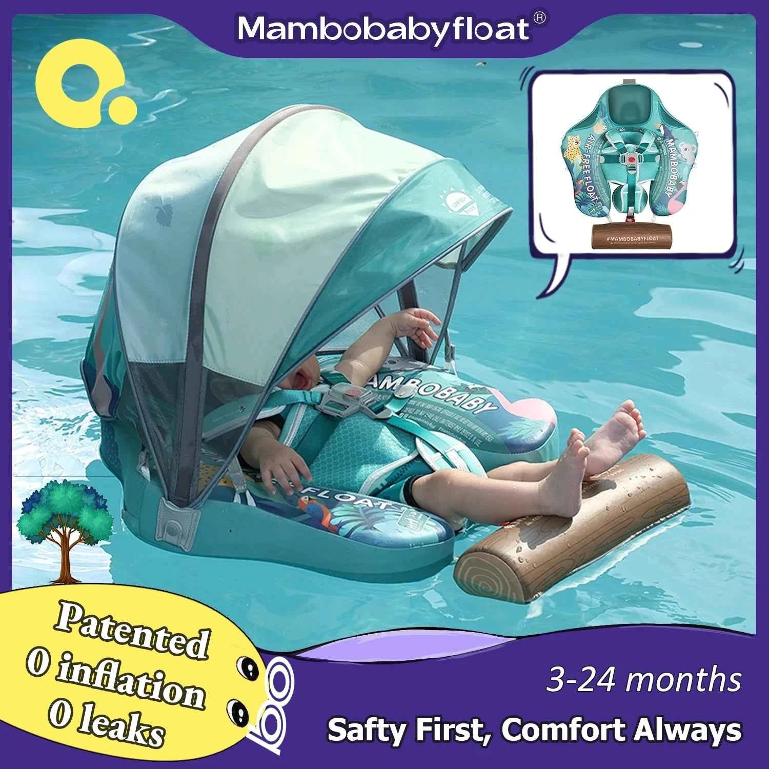 Mambobaby Baby Pool Float with Canopy & Tile Baby Swim Ring Infant Swimming Trainer Circle With Adjustable Strap for Boys Girls
