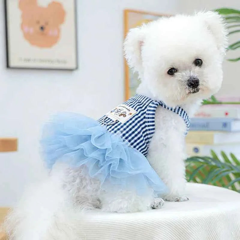 Blue Striped Dog Princess Dress, Summer Breathable Pet Tulle Skirt for Small Dogs Girls, Cute Puppy Clothes for Bichon Chihuahua