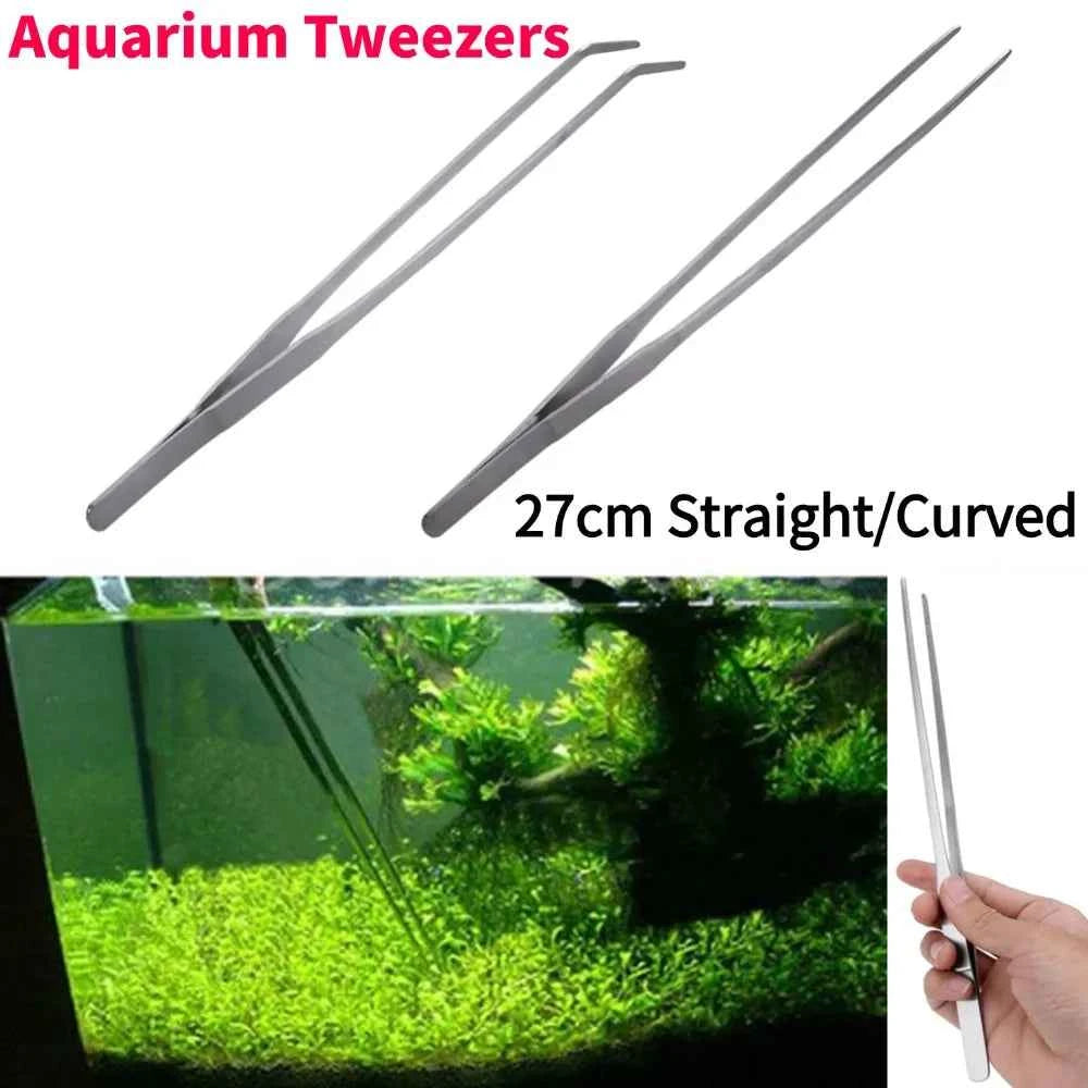 Stainless Steel Aquarium Tweezers Pliers Fish Tank Plant Aquascape Tools Straight Curved Forceps Clip Aquatic Feeding Tongs 27cm