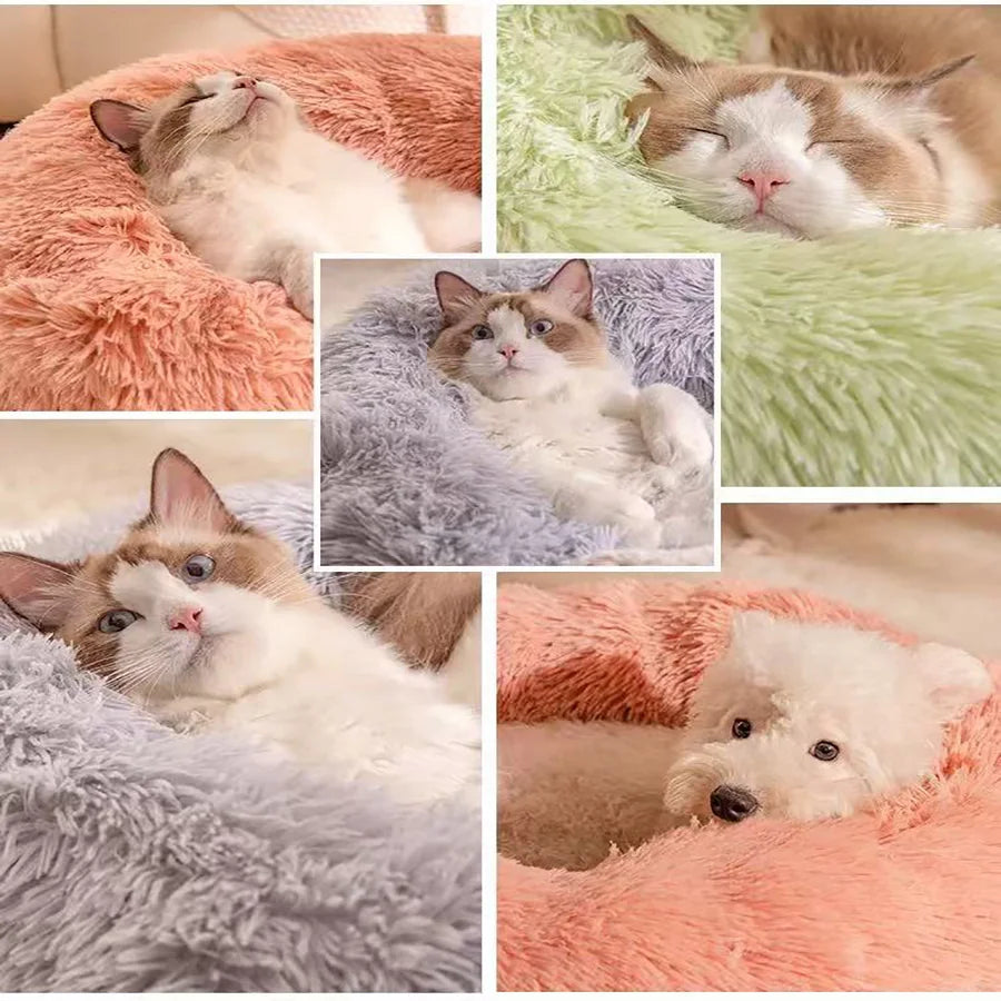 Soft Long Plush Cat House Beds dog Calm Warm Faux Fur Bed Donut Round Comfortable Sleeping Bed Washable for Small Medium Dog Cat - Play Paws Toys