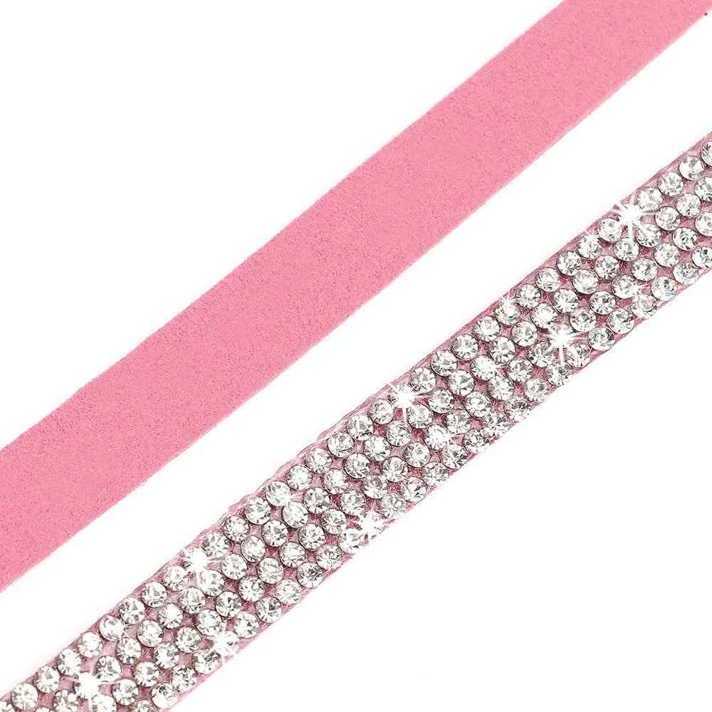 Soft Pink Suede Leather Cat Collar - Cute Bling Rhinestone Design, with Bell & Safety Breakaway Buckle, Adjustable XS/S Sizes