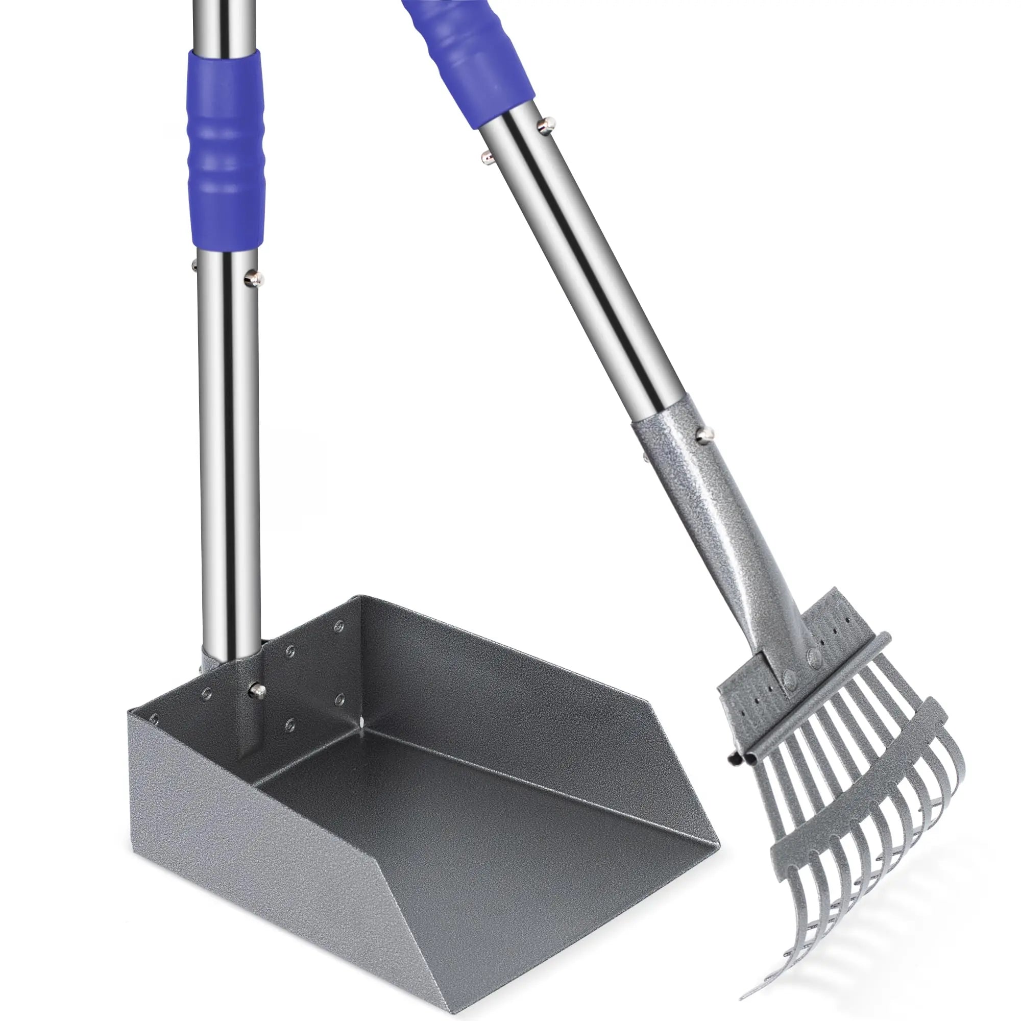 Dog Pooper Scooper, Dog Poop Tray and Rake Set, Pet Waste Removal Scoop with Long Adjustable Sectional Stainless Handles