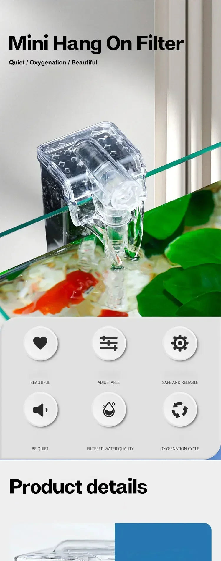 Aquarium Hang on Filter Mini Filter Fish Tank USB Power Interface 2.5W Flow Suitable for Fish Tanks Below 30cm Quiet Operation