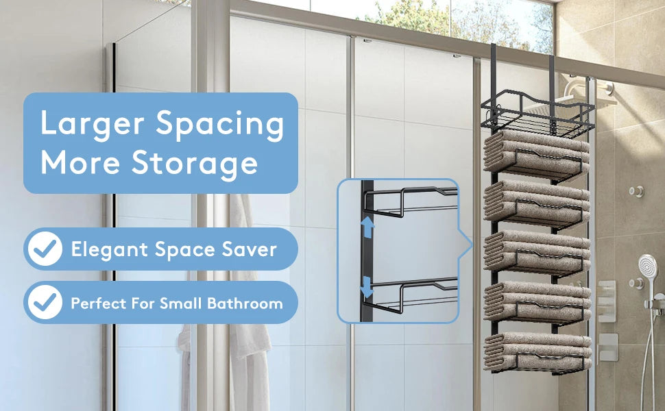 Hanging Towel Racks For Bathroom No Drill - 6-Tier Over The Door Bath Towel Storage Organizer For Small Bathrooms - Tiered Back