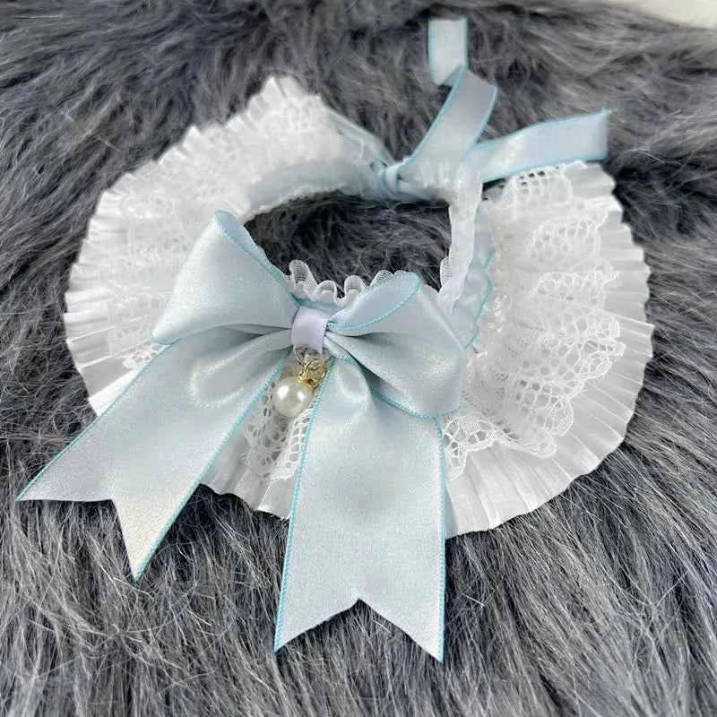 Sweet Cat Dog Bibs Collar Girls Neck Decoration Adjustable White Lace Pink/Blue Bowknot Neckerchief  String Strap Scarf Necklace