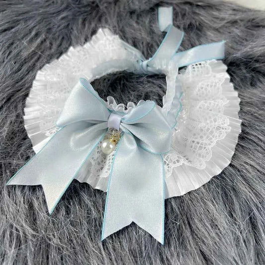 Sweet Cat Dog Bibs Collar Girls Neck Decoration Adjustable White Lace Pink/Blue Bowknot Neckerchief  String Strap Scarf Necklace