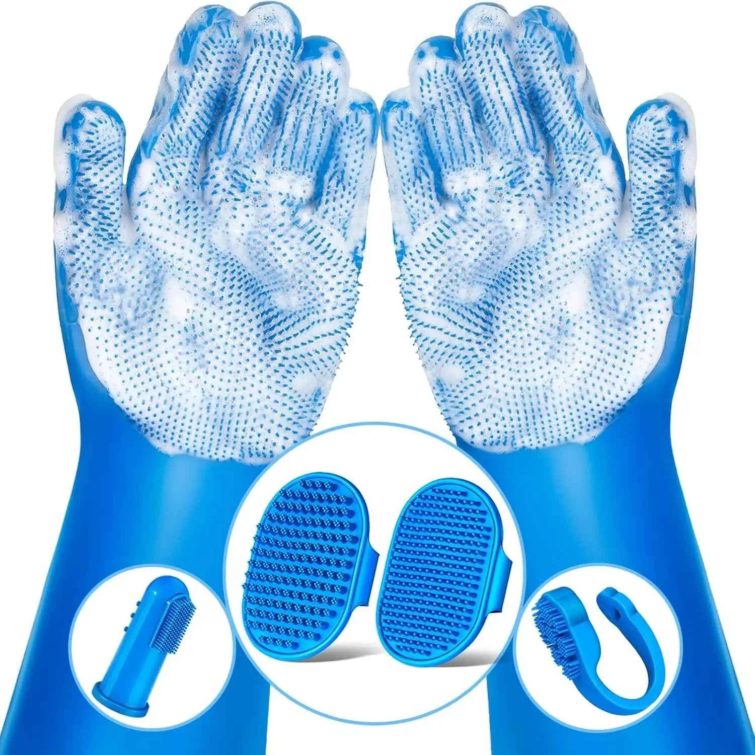 6PCS Pet Grooming Kit: Gloves, Bath Brush & Finger Toothbrush for Dogs Cats Horses (Navy Blue)