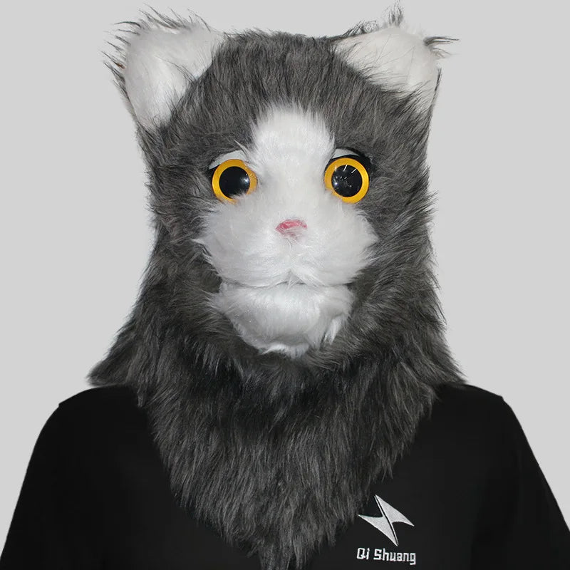 Movable Mouth Cat Head Mask Animal Latex Cute Helmet  Artificial Fur for Halloween Costumes Party Props Adult Size