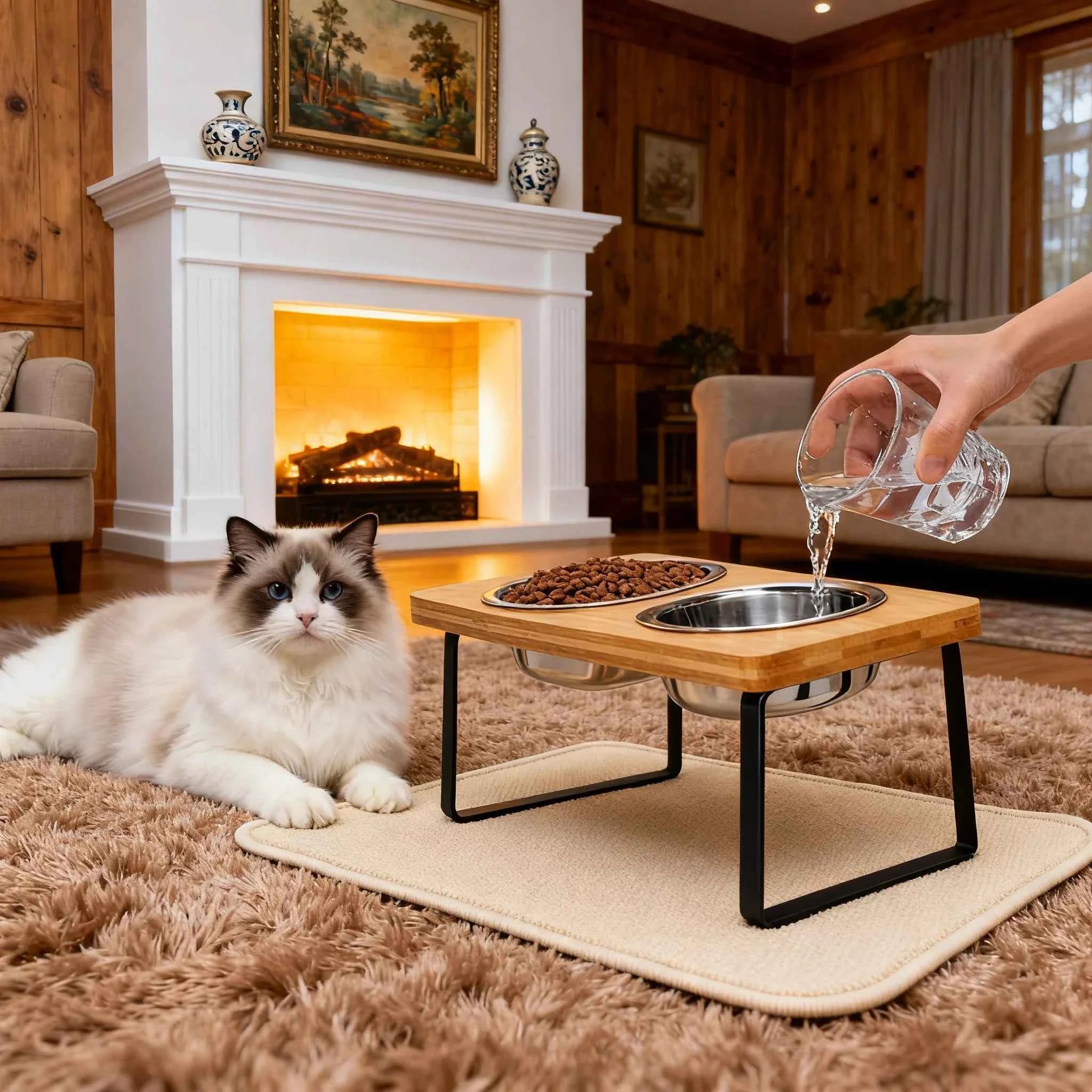 Elevated Cat Bowls 15° Tilted Raised Cat Food Bowls with Wooden Stand Anti Vomiting 2 Stainless Steel Bowls for Cats and Pupp