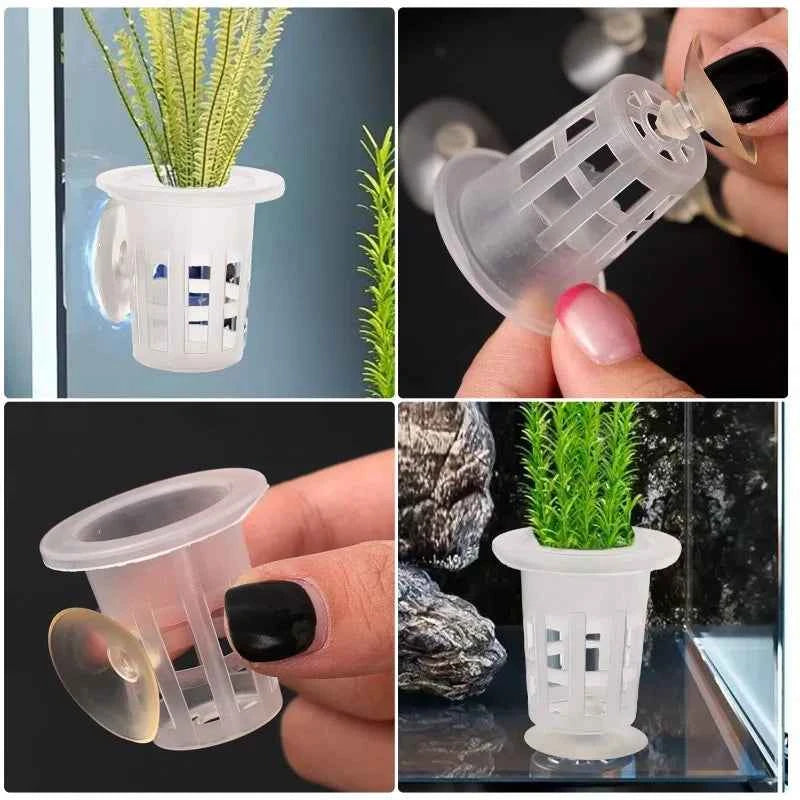 50/10PCS Clear Plastic Aquarium Planting Cups with Suction Base Water Grass Grow Containers for Freshwater Fish Tank Decoration