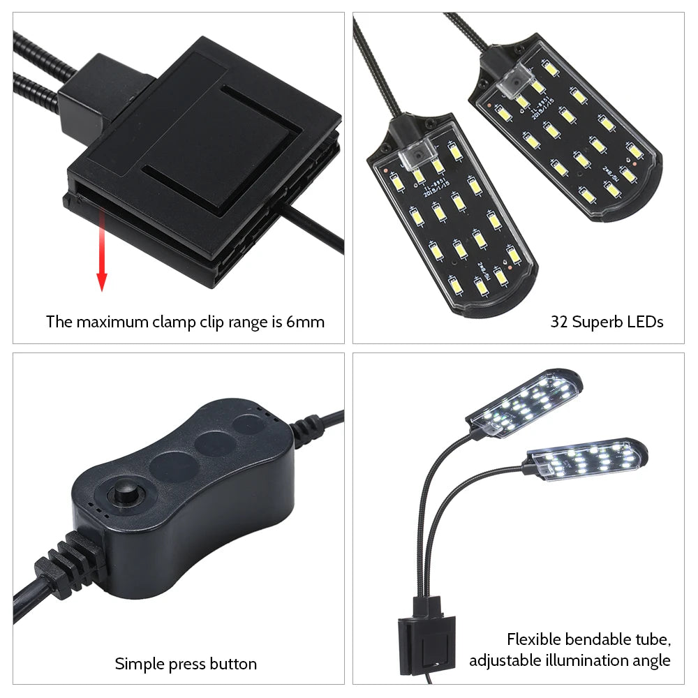 AC220V 10W 32 LED Dual-end Aquarium Light Fish Jar Lamp Flexible Bendable Illumination Angle White Portable