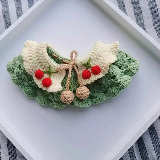 Small Pet Collar Knitted Double-Layer Cherry Cat Necklace Elastic Soft Dog Bibs Pet Scarf Cute Pet Accessories