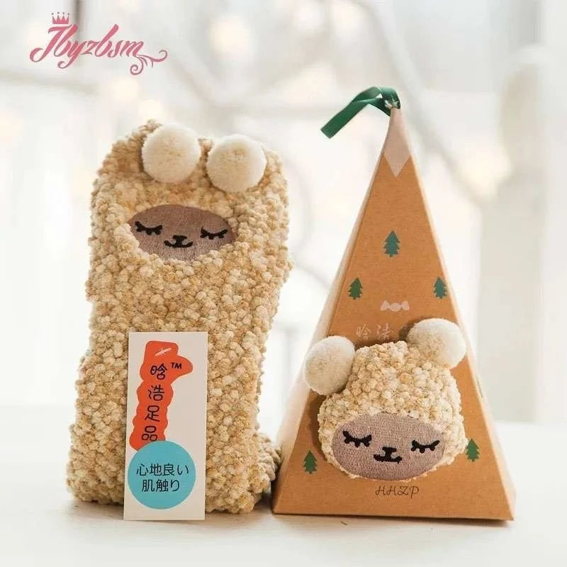 2021 New coral fleece gift box socks winter thick cartoon embroidery landing Christma socks Santa Claus warm socks