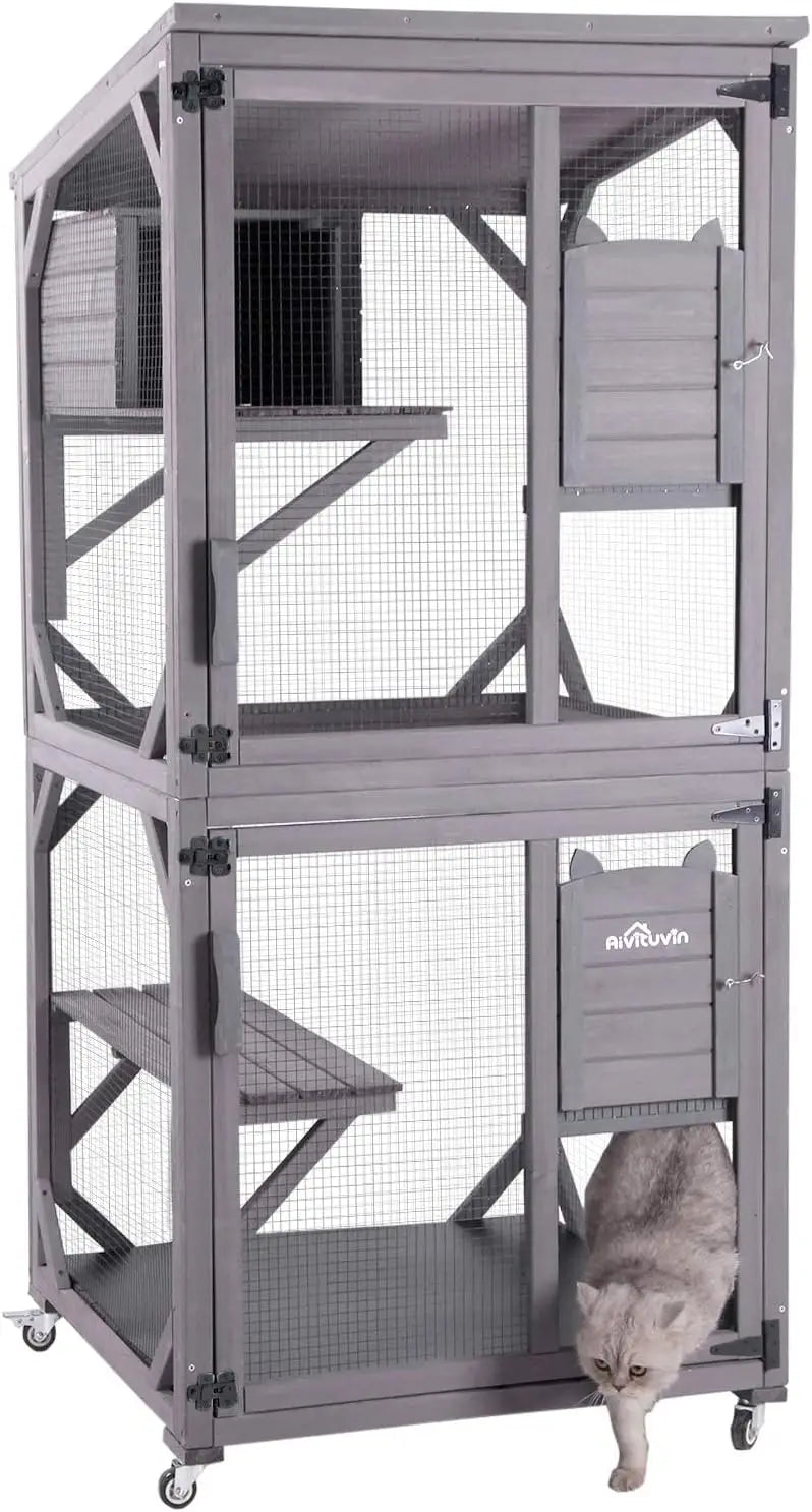 Indoor and Outdoor Cattery, Large Wooden Cat Cage with Wheels, 70.9-inch Upgraded Dog Cage with Reinforced Wooden Bars