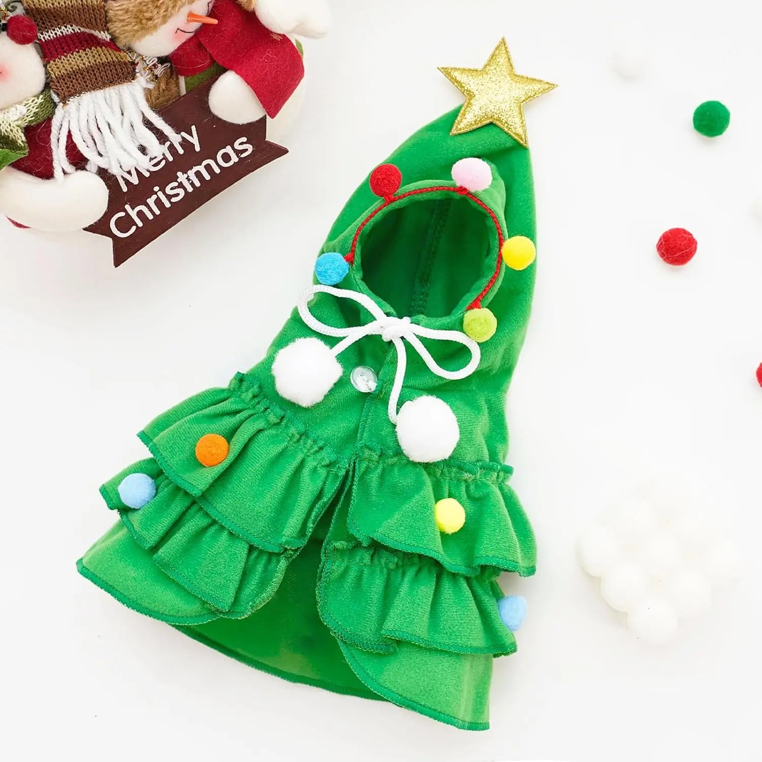 Cat Christmas Outfit Green Pet Cloak with Hat Star Pompoms Puppy Cape Clothes Tree Elf Costumes Party Pet Supplies Accessories - Play Paws Toys