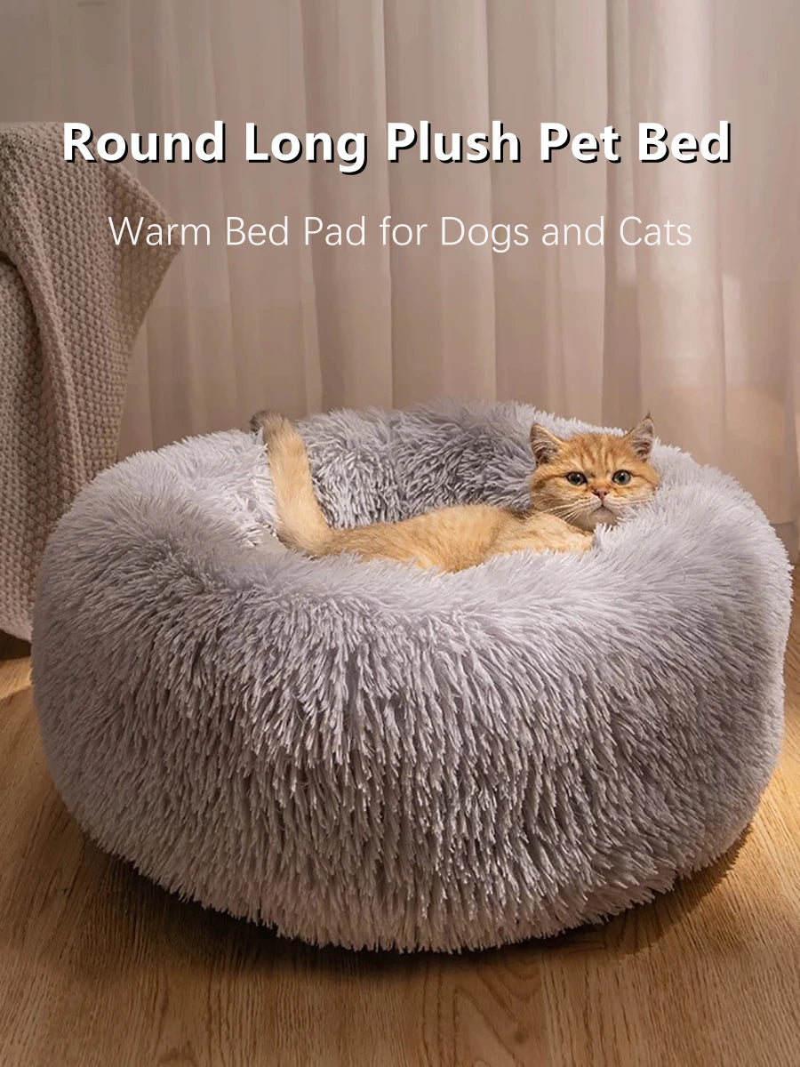 Soft Long Plush Cat House Beds dog Calm Warm Faux Fur Bed Donut Round Comfortable Sleeping Bed Washable for Small Medium Dog Cat - Play Paws Toys