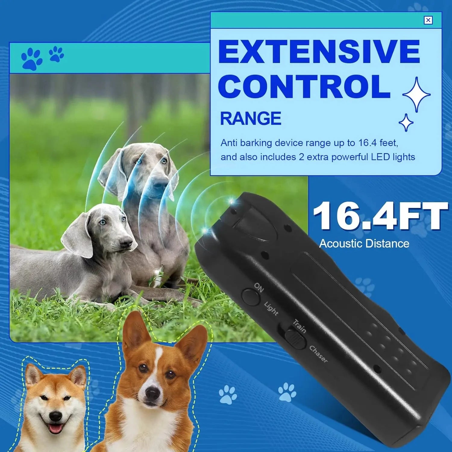Portable Ultrasonic Dog Repeller Pet Training Device Outdoor Animal Deterrent With LED Light To Stop Barking Chase Away