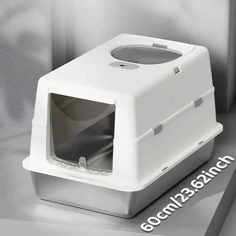 New Stainless Steel Cat Litter Box with Flip Cover Closed Design Easy to Clean Non-Slip Mat Indoor Cats Pet Supplies