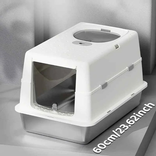New Stainless Steel Cat Litter Box with Flip Cover Closed Design Easy to Clean Non-Slip Mat Indoor Cats Pet Supplies