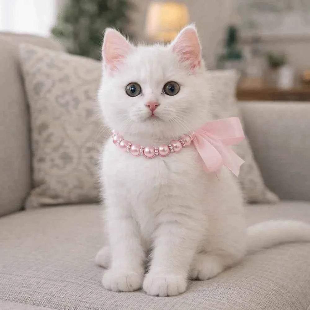 Adjustable Pet Pearl Necklace Bling Simulated Pearl Cat Bead Collar Elegant Bow Knot Ribbon Pet Simulated Pearl Collar