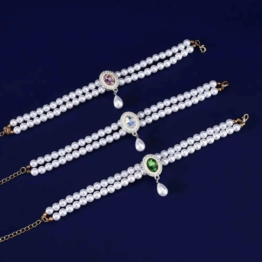 Pet Accessories Double Layer Pearl Pet Necklace Sweet Flower Pendant Cat Neck Chain Adjustable Pet Pearl Collar Photograph