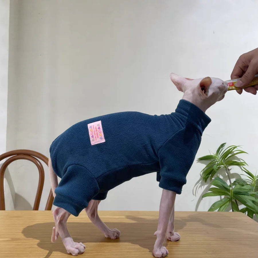 Fleece Coat for Sphynx Cat Warm Sweatshirt 4-legged Jumpsuit for Kittens Dogs soft Loungewear for Male Cat Devon Rex Sweater - Play Paws Toys